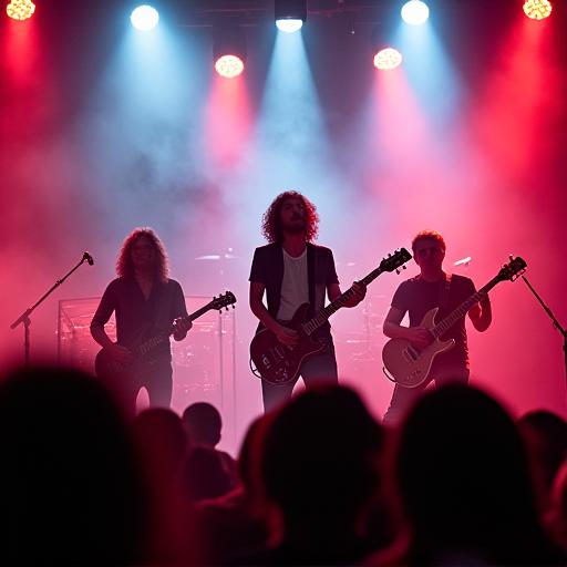 The indie rock band 'The Crimson Tides' performing dynamically on stage with dramatic lighting.