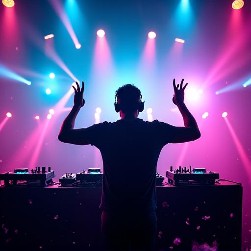 DJ Kael intensely performing a set at a vibrant music festival, surrounded by lights and a crowd.